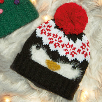 Berretto natalizio blu con ponpon e fantasia pinguino, Abbigliamento Sport, SKU pinguino, Immagine 0